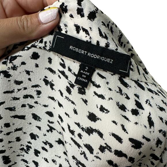 ROBERT RODRIGUEZ Womens 2 White Black Silk Brushstroke Layered Tie Neck Blouse - Picture 11 of 13